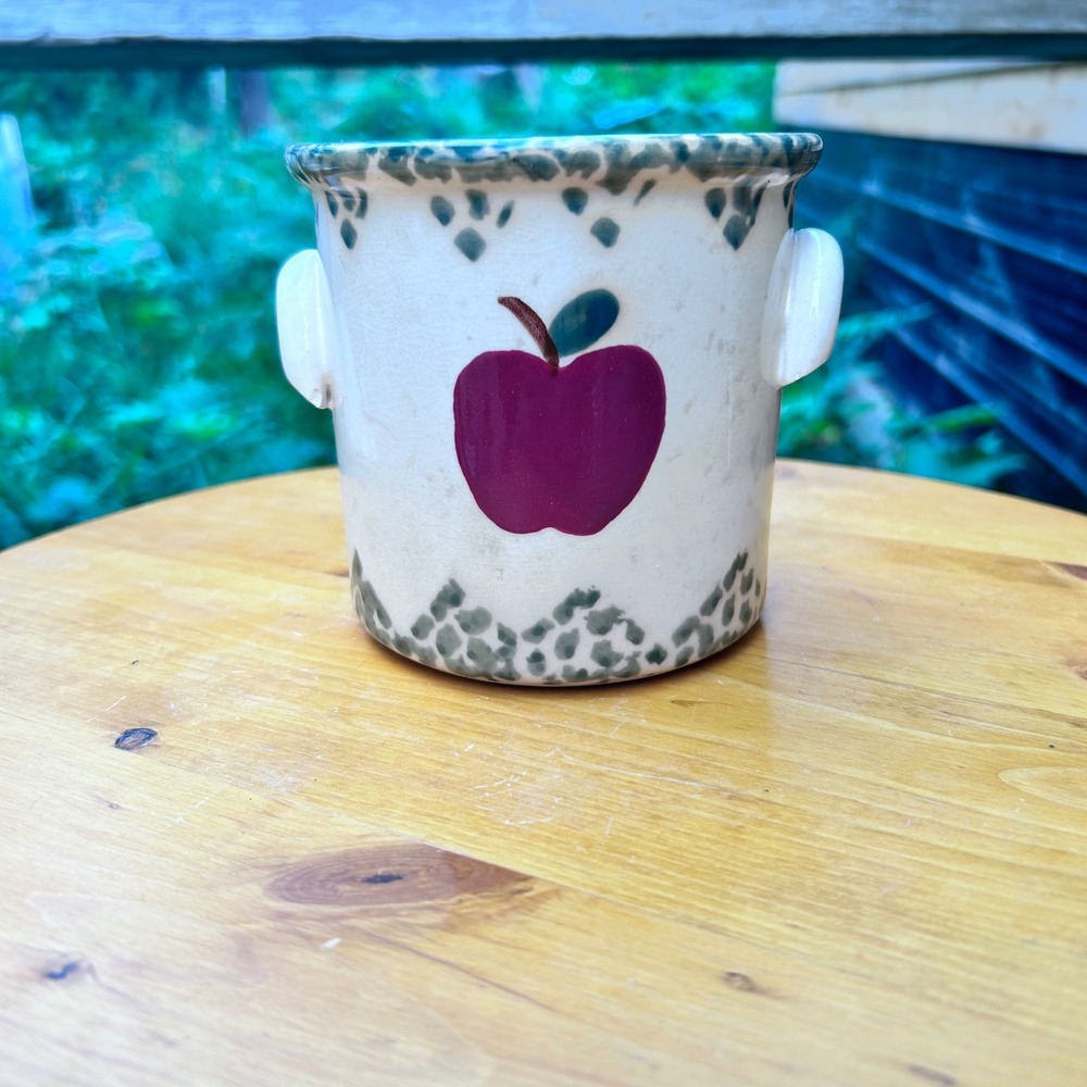 Vintage Apple Crock Utensil Holder Small Planter Cream Red Green Pfaltzgraff